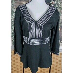Geoffrey Beene Sport Stretch 3/4 Sleeve Linen Embroidery Top Sz 8 Side Zip